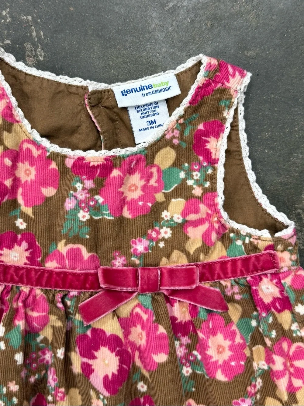 Vintage OshKosh Baby Floral Corduroy Dress 3M Pink Velvet Bow